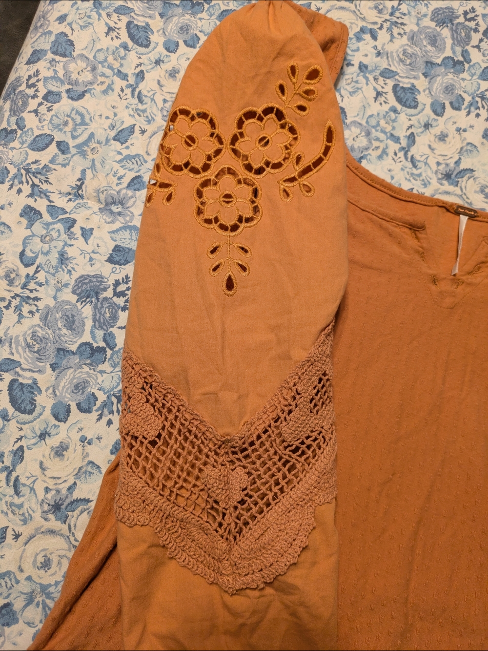 Free People Peach/Orange Eyelet Henley Blouse - Picture 4 of 5
